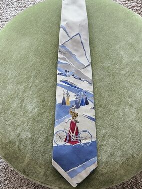 Belk Men's Beige & Blue Scenic Lady With Bicycle Novelty Vintage Tie